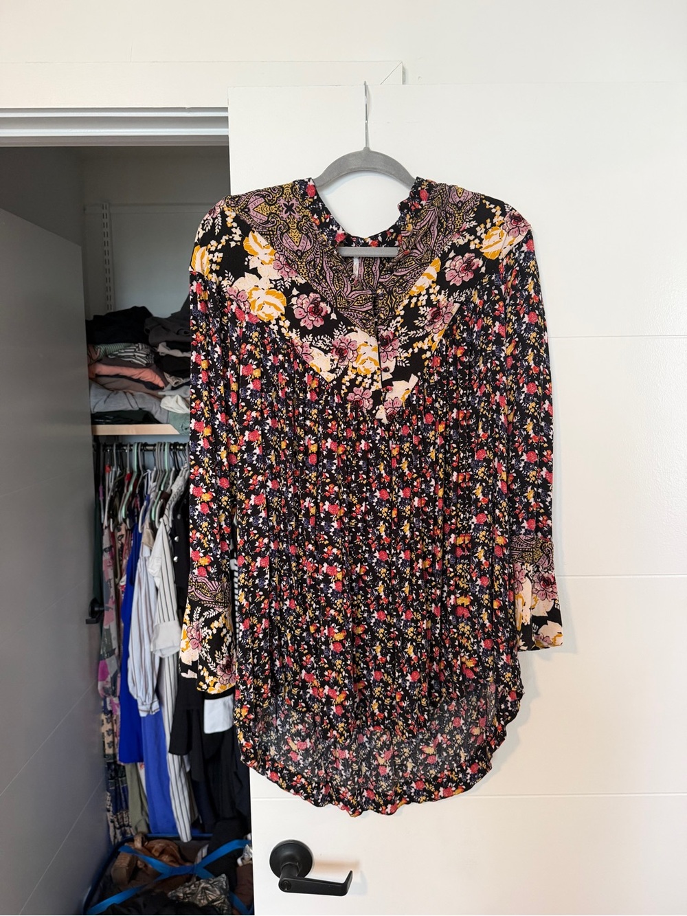 Free People Black Multi Floral V-Neck Tunic